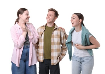 Photo of Friends laughing on white background. Positive emotion