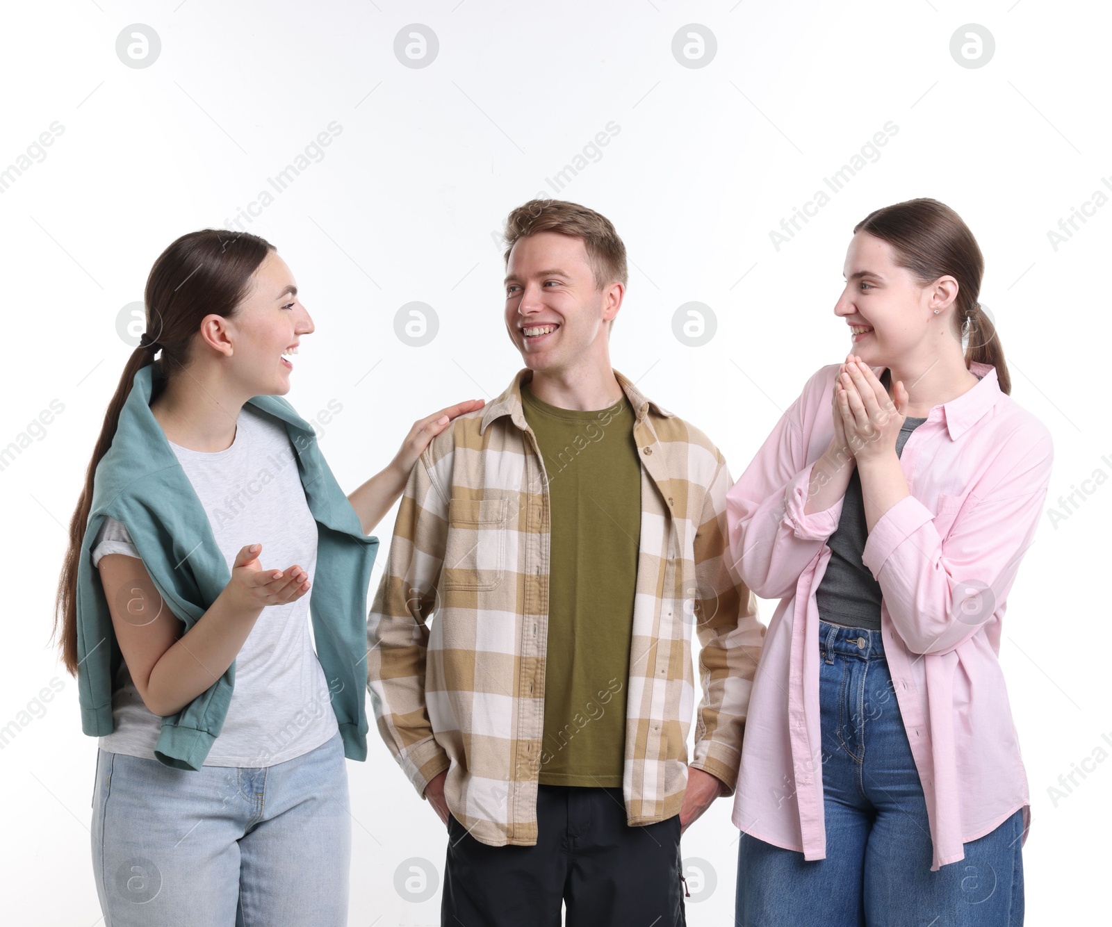 Friends laughing on white background. Positive emotion Photo of Friends laughing on white background. Positive emotion