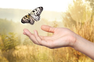 Image of Hope. Butterfly flying from woman's hand in nature, closeup