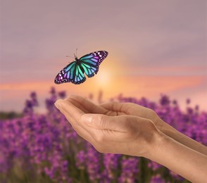 Image of Hope. Woman and flying butterfly in nature, closeup