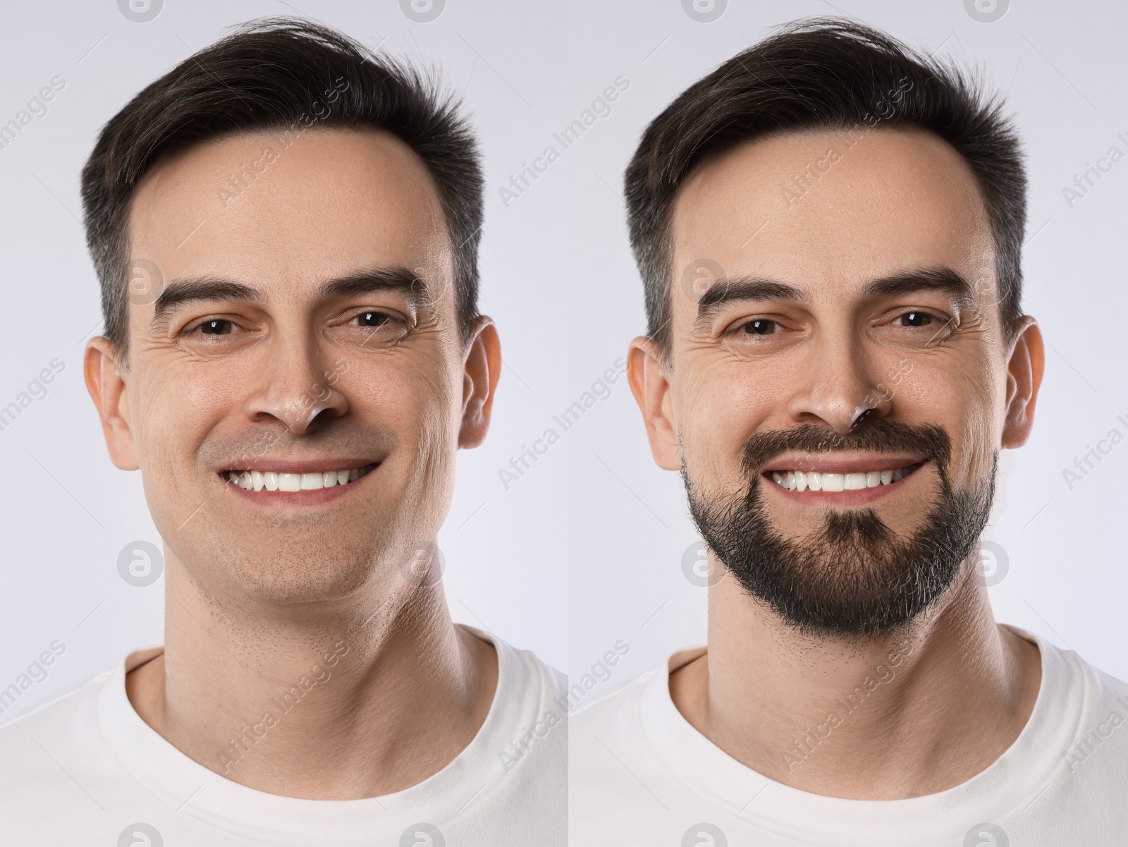 Image of Before and after collage with photos of bearded and clean-shaven man on white background