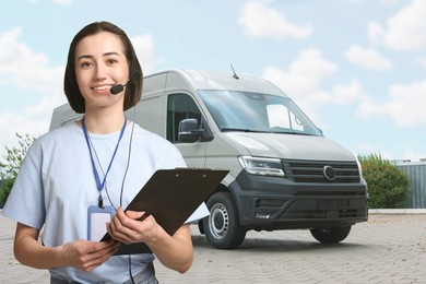 Image of Car service worker with headset and clipboard against vehicle outdoors. Client support