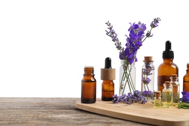Photo of Bottles of essential oils and different plants on wooden table against white background