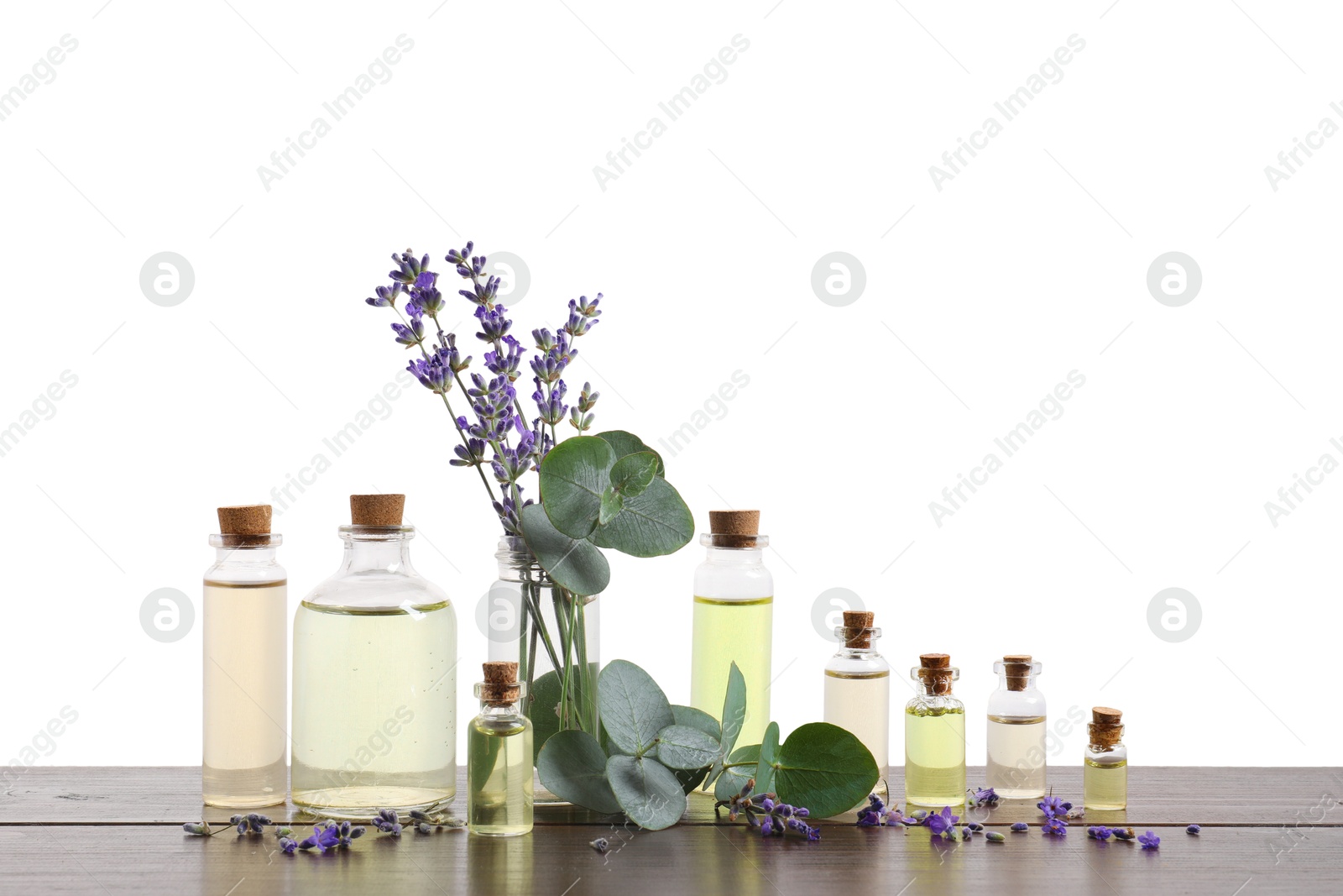 Photo of Bottles of essential oils and different plants on wooden table against white background