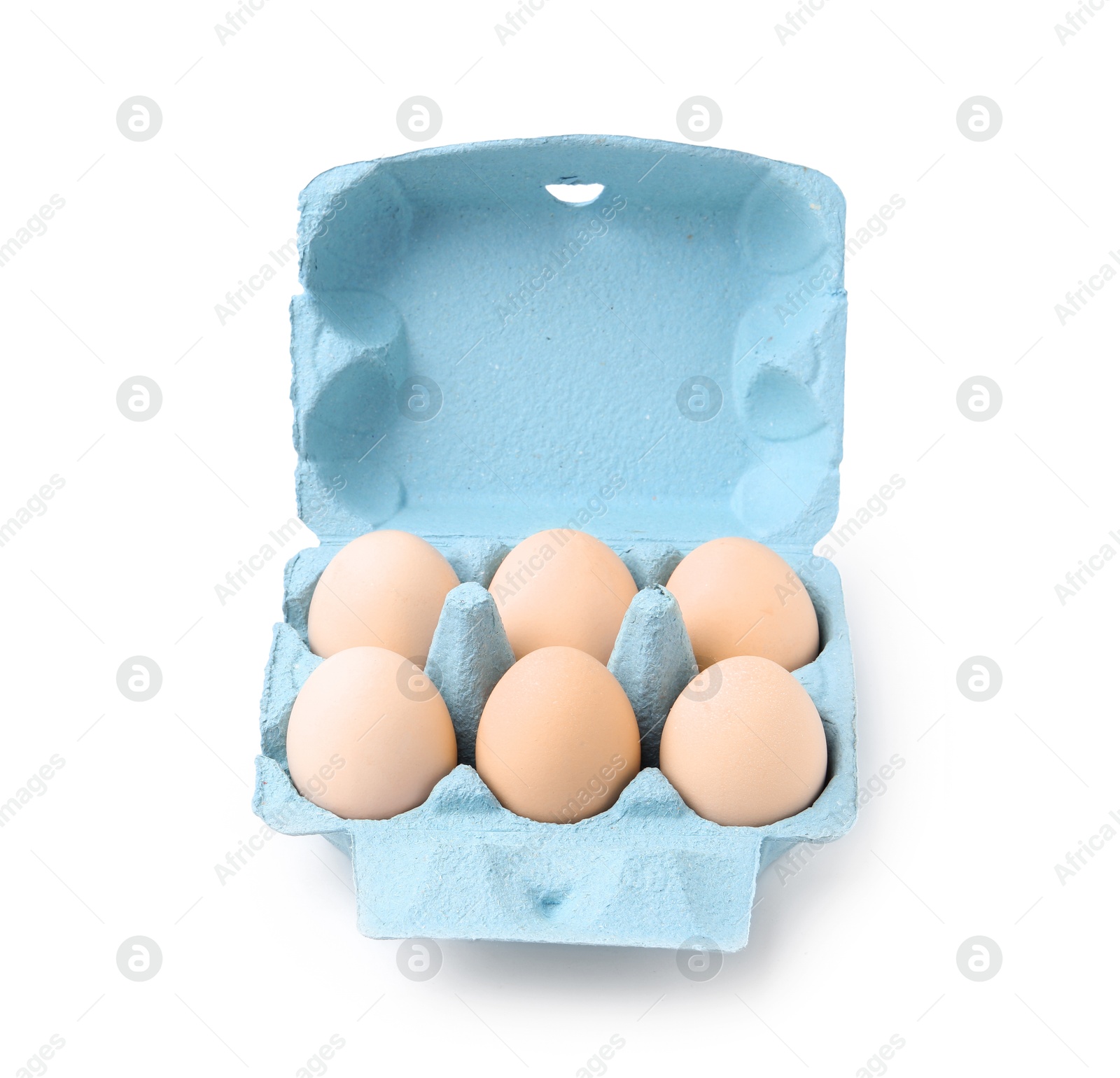 Photo of Raw chicken eggs in egg carton isolated on white