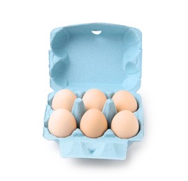 Photo of Raw chicken eggs in egg carton isolated on white