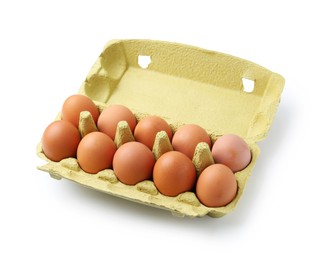 Photo of Raw chicken eggs in egg carton isolated on white