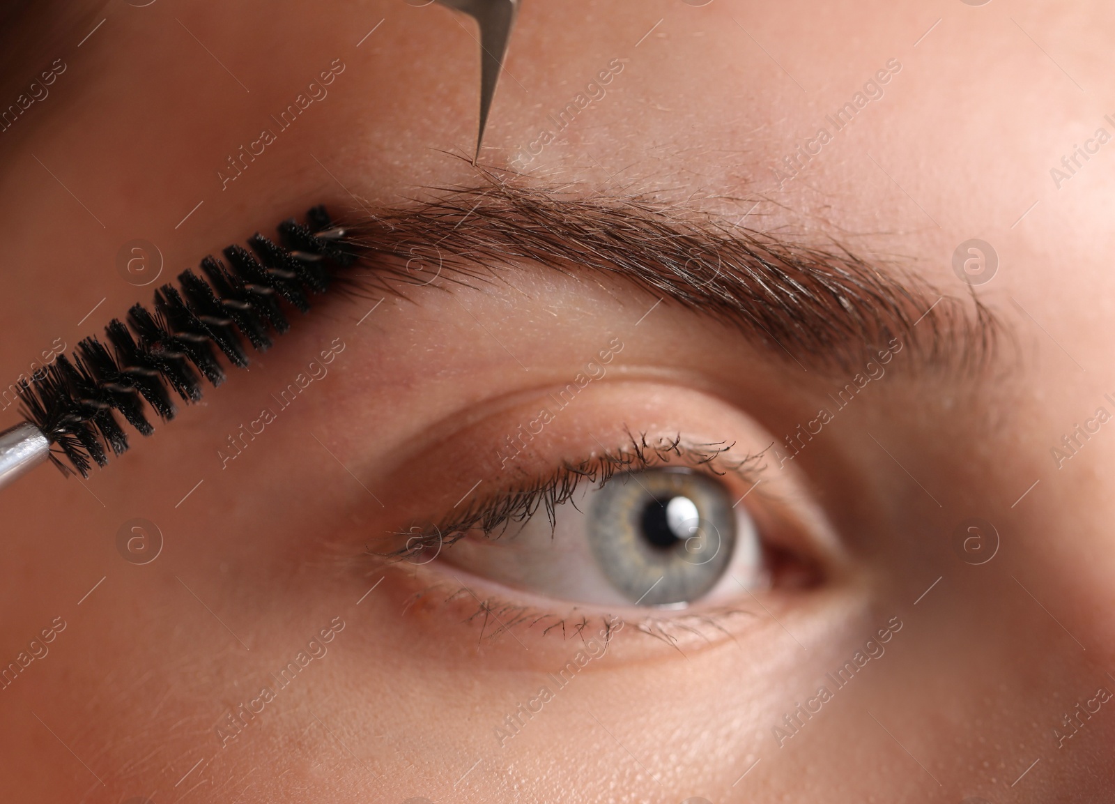 Photo of Cosmetologist plucking and brushing young woman's eyebrow, closeup