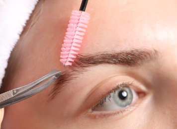 Photo of Plucking and brushing young woman's eyebrow, closeup
