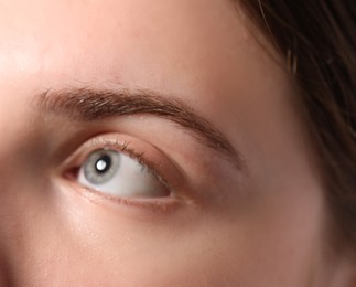 Photo of Eyebrow styling. Young woman with beautiful eyebrow, closeup
