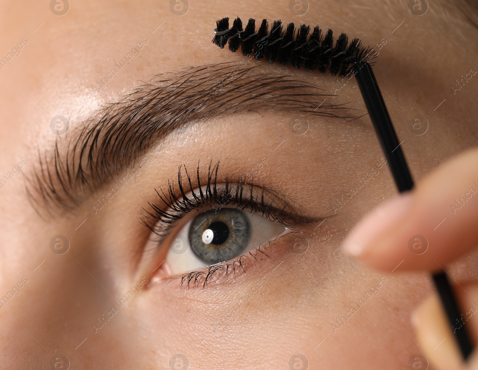 Young woman brushing her eyebrow with spoolie, closeup Photo of Young woman brushing her eyebrow with spoolie, closeup