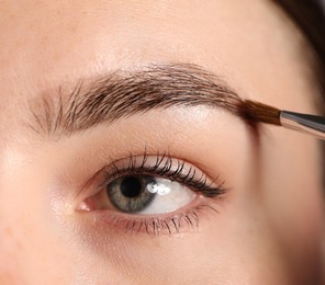 Photo of Young woman applying cosmetic product onto her eyebrow with brush, closeup