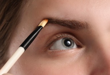 Photo of Young woman applying cosmetic product onto her eyebrow with brush, closeup