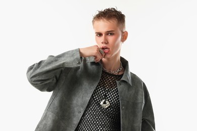 Photo of Handsome young man wearing stylish jacket on white background