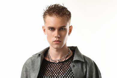 Photo of Handsome young man wearing stylish jacket on white background