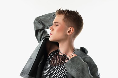 Photo of Handsome young man wearing stylish jacket on white background