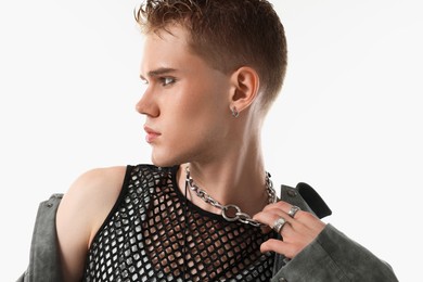 Photo of Handsome young man wearing stylish jacket on white background