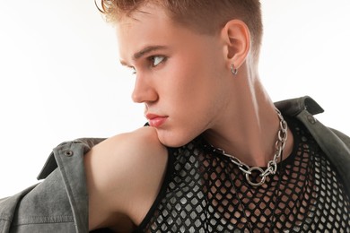 Photo of Handsome young man wearing stylish jacket on white background