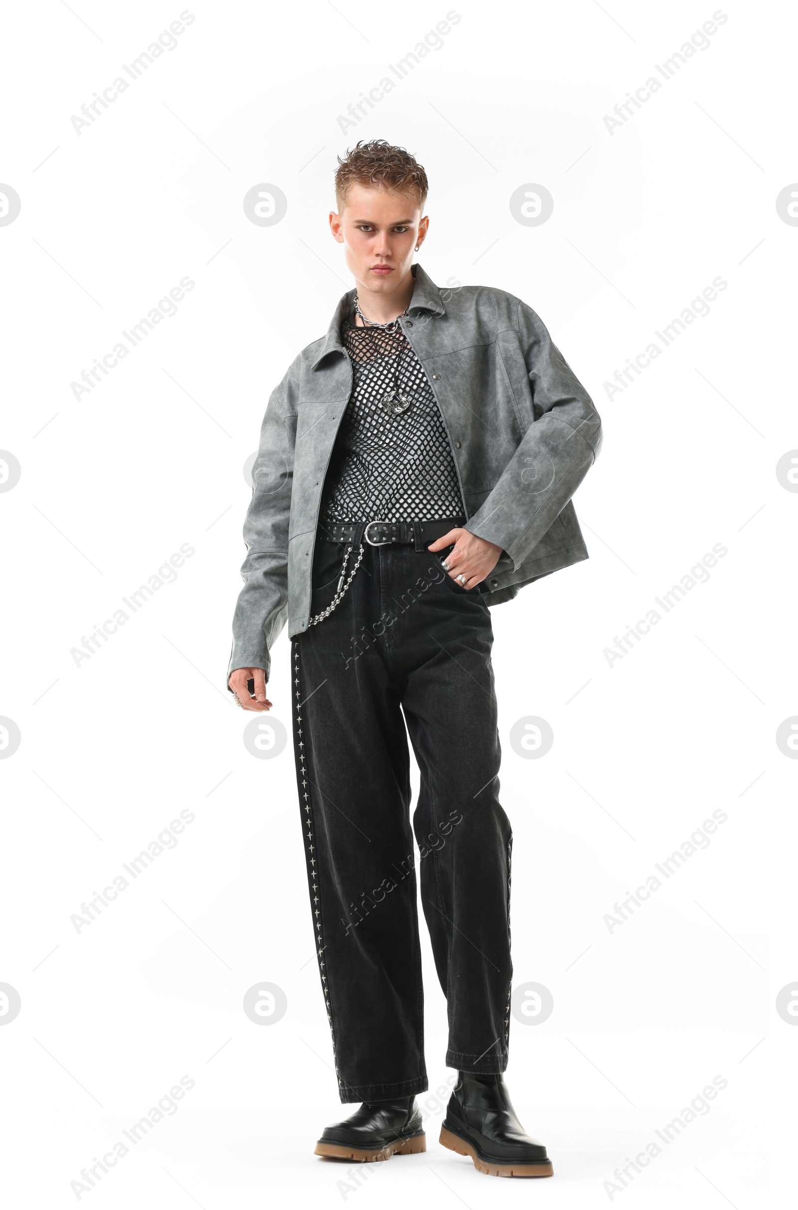 Photo of Handsome young man wearing stylish jacket on white background