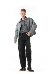 Photo of Handsome young man wearing stylish jacket on white background