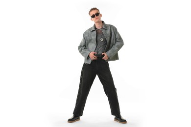 Photo of Handsome young man wearing stylish jacket and sunglasses on white background