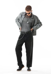 Photo of Handsome young man wearing stylish jacket and sunglasses on white background