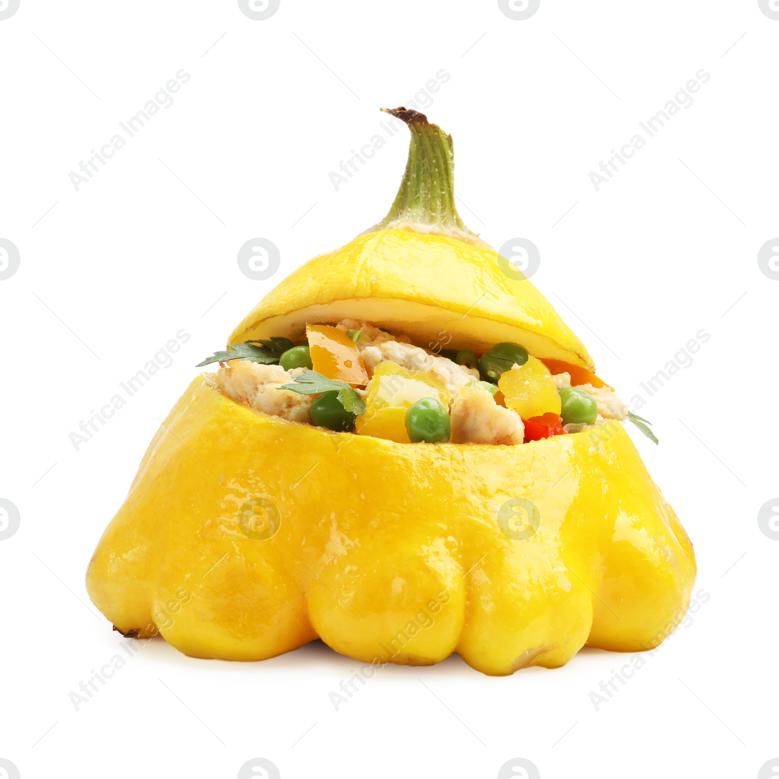 Photo of One tasty stuffed pattypan squash isolated on white