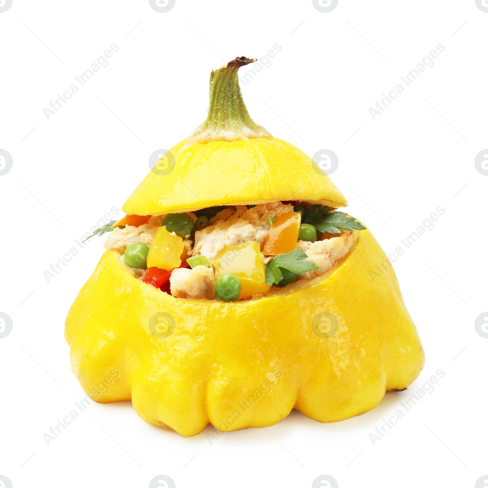 One tasty stuffed pattypan squash isolated on white Photo of One tasty stuffed pattypan squash isolated on white