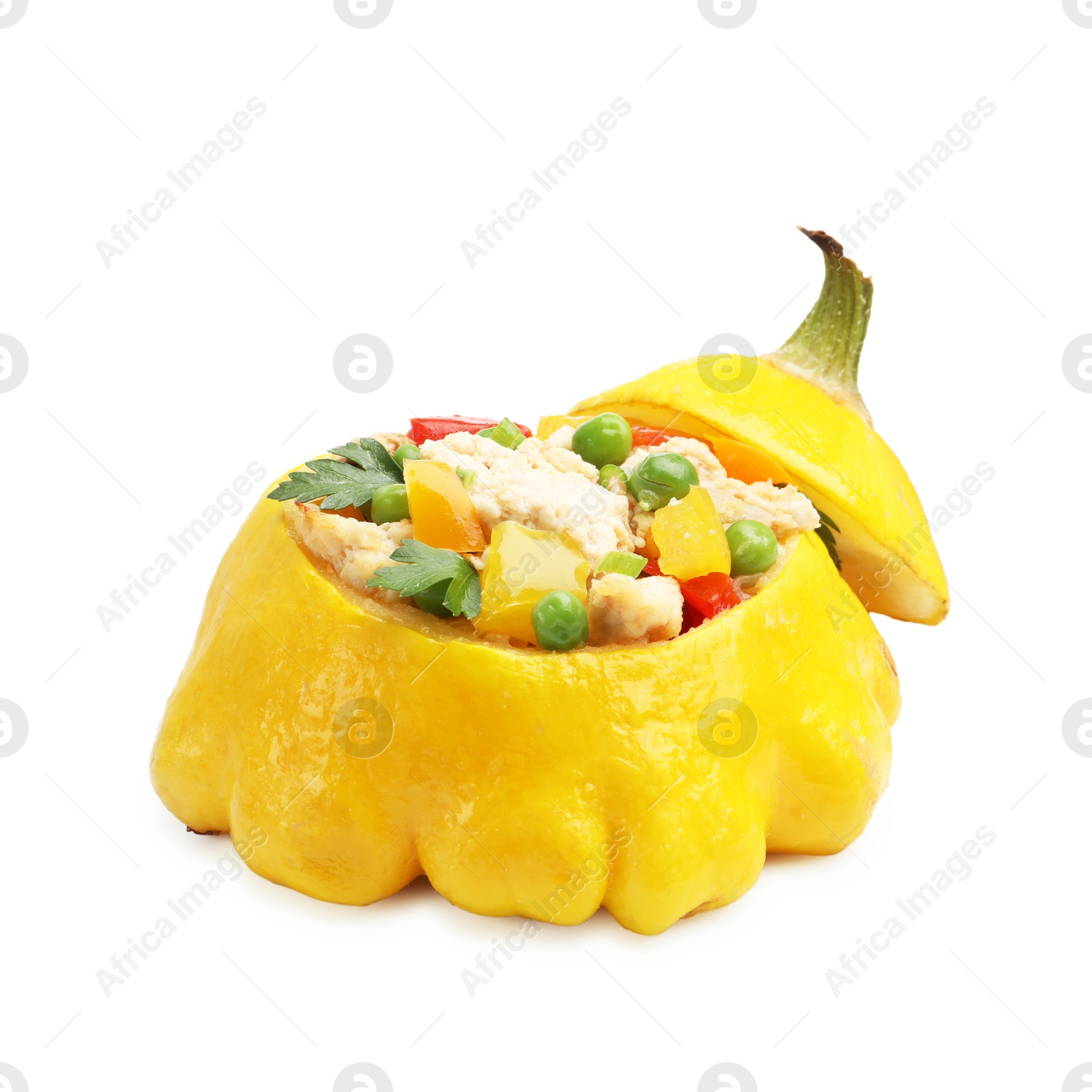 One tasty stuffed pattypan squash isolated on white Photo of One tasty stuffed pattypan squash isolated on white