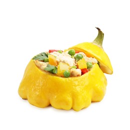 Photo of One tasty stuffed pattypan squash isolated on white