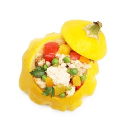 Photo of One tasty stuffed pattypan squash isolated on white, above view