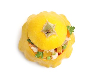 Photo of One tasty stuffed pattypan squash isolated on white, above view