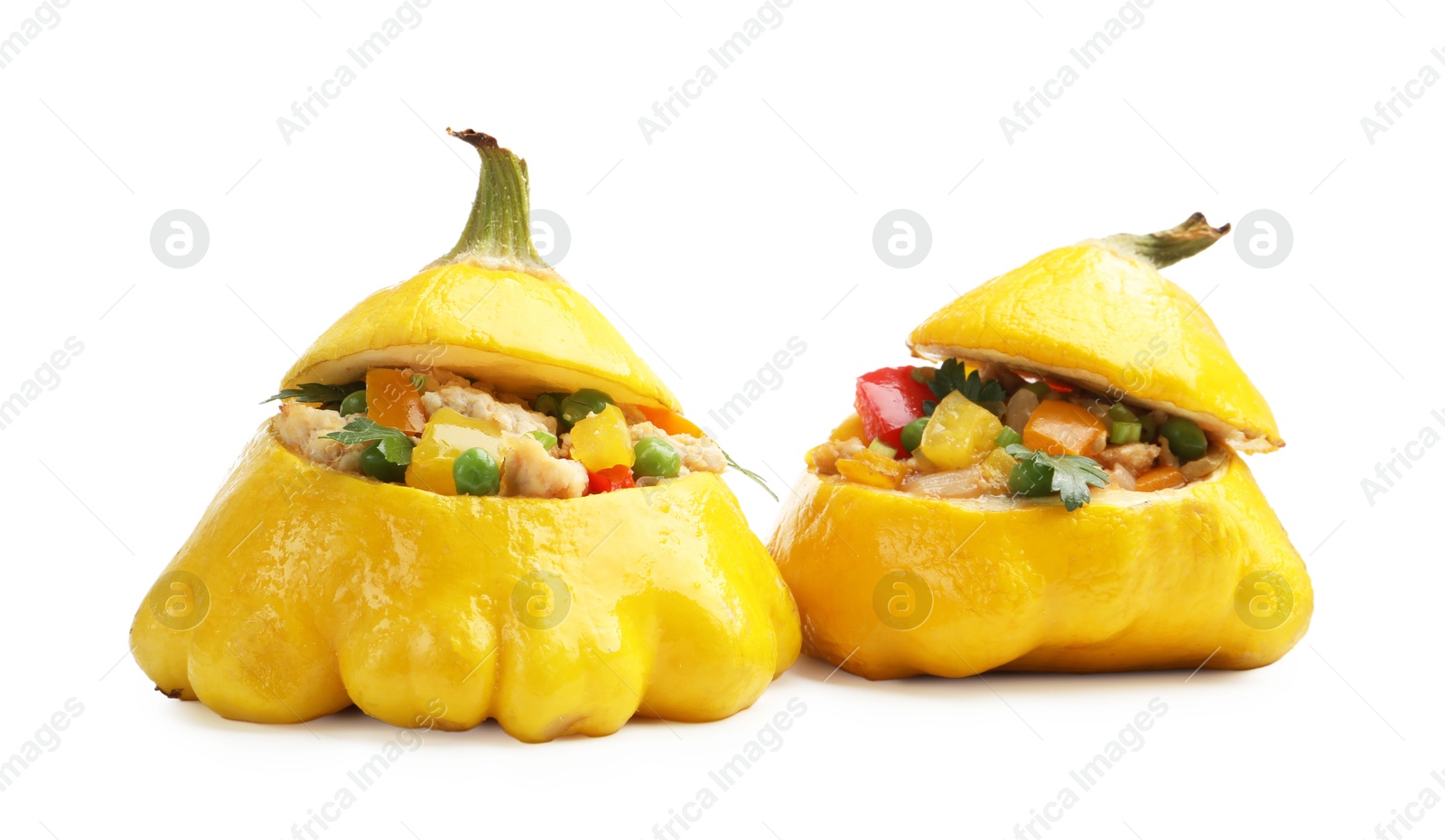 Photo of Tasty stuffed pattypan squashes isolated on white