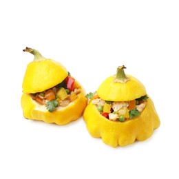 Photo of Tasty stuffed pattypan squashes isolated on white