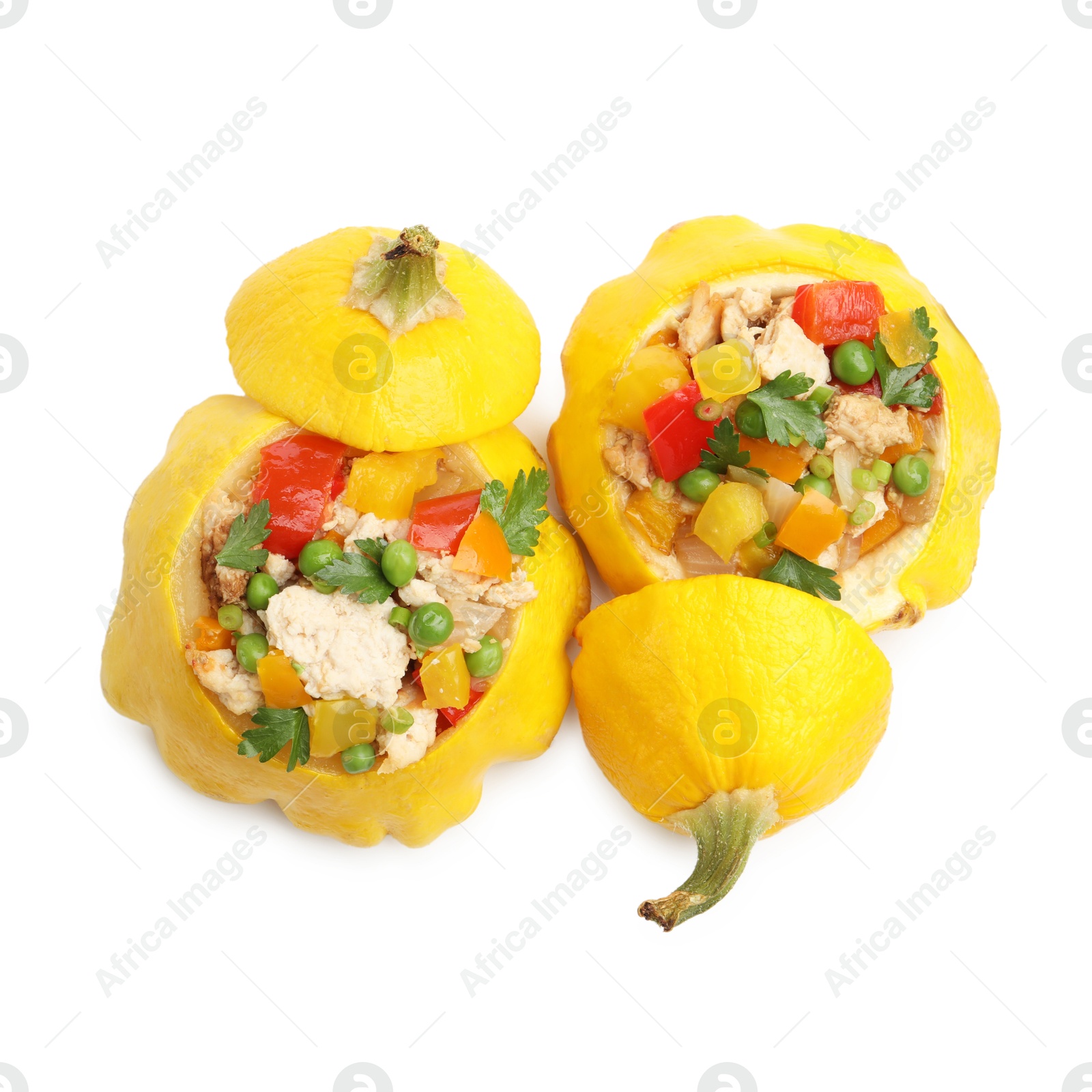 Tasty stuffed pattypan squashes isolated on white, top view Photo of Tasty stuffed pattypan squashes isolated on white, top view
