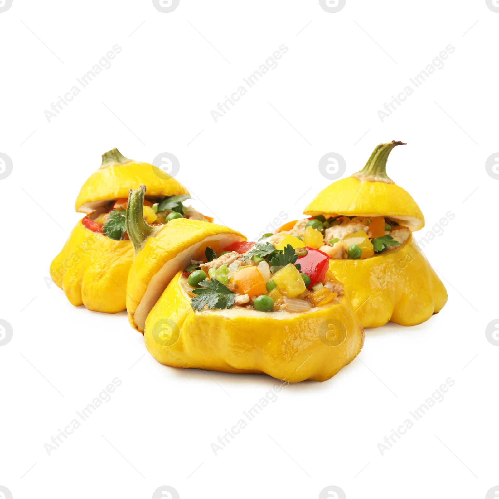 Photo of Tasty stuffed pattypan squashes isolated on white
