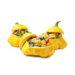 Photo of Tasty stuffed pattypan squashes isolated on white