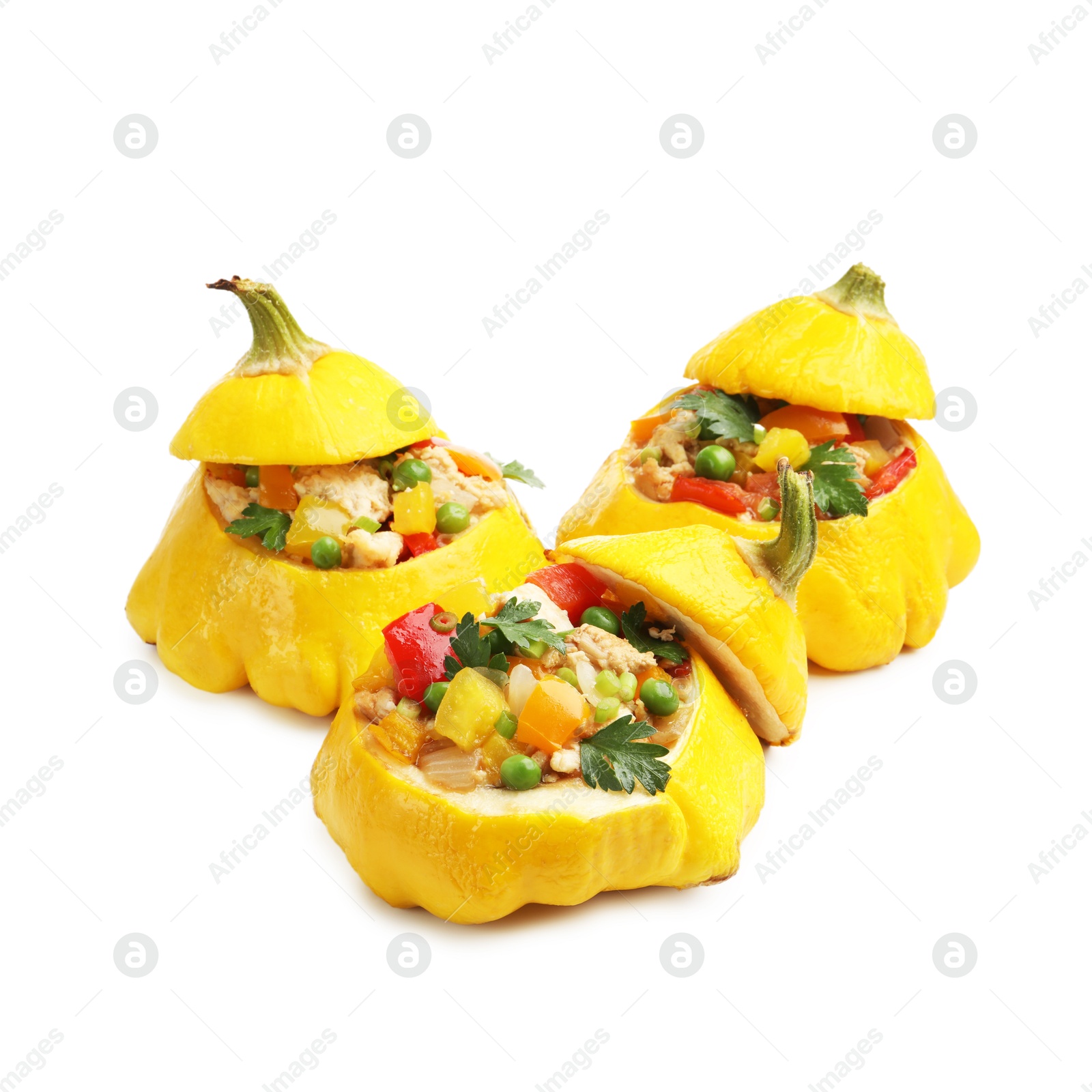 Photo of Tasty stuffed pattypan squashes isolated on white