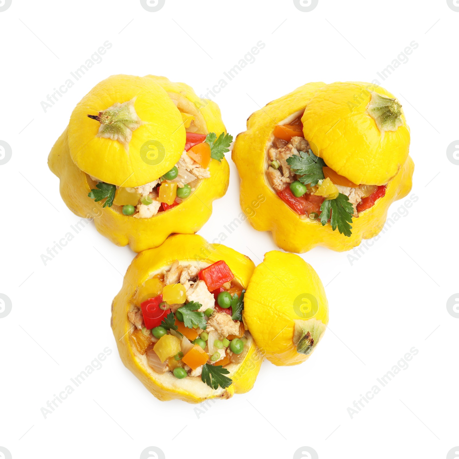 Photo of Tasty stuffed pattypan squashes isolated on white, top view