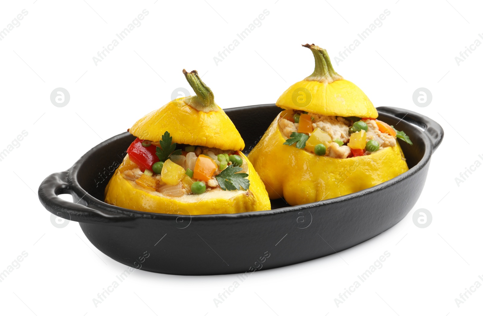 Tasty stuffed pattypan squashes in baking dish isolated on white Photo of Tasty stuffed pattypan squashes in baking dish isolated on white