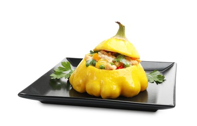 Photo of Tasty stuffed pattypan squash isolated on white