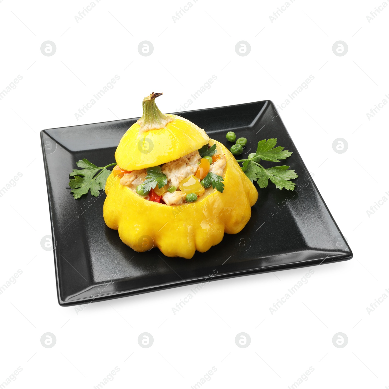 Tasty stuffed pattypan squash isolated on white Photo of Tasty stuffed pattypan squash isolated on white