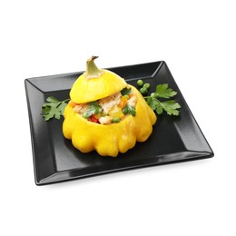 Photo of Tasty stuffed pattypan squash isolated on white