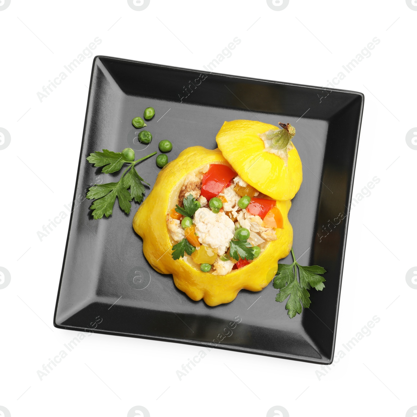 Tasty stuffed pattypan squash isolated on white, top view Photo of Tasty stuffed pattypan squash isolated on white, top view