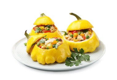 Photo of Tasty stuffed pattypan squashes isolated on white