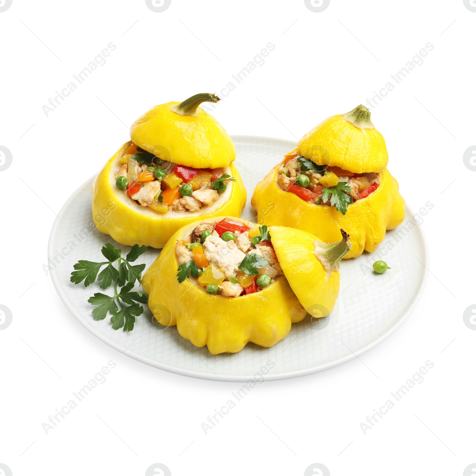 Tasty stuffed pattypan squashes isolated on white Photo of Tasty stuffed pattypan squashes isolated on white