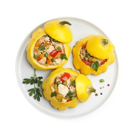 Photo of Tasty stuffed pattypan squashes isolated on white, top view