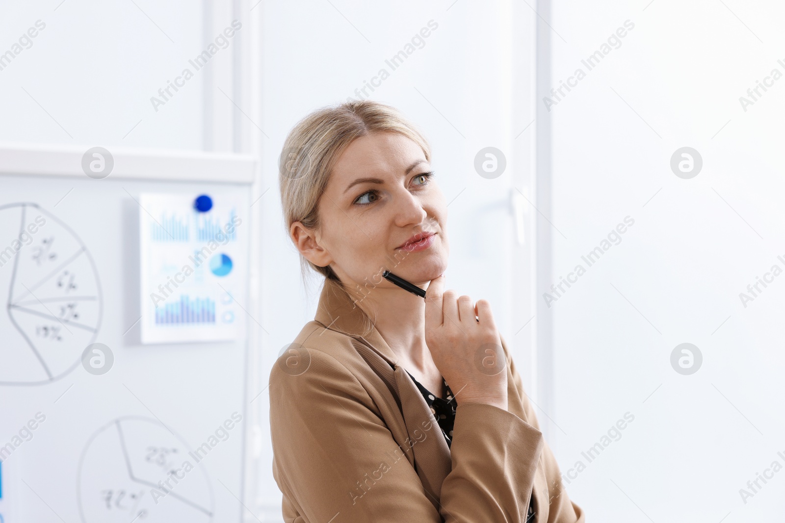 Dreams come true. Woman with pan thinking about something indoors Photo of Dreams come true. Woman with pan thinking about something indoors