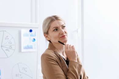 Photo of Dreams come true. Woman with pan thinking about something indoors