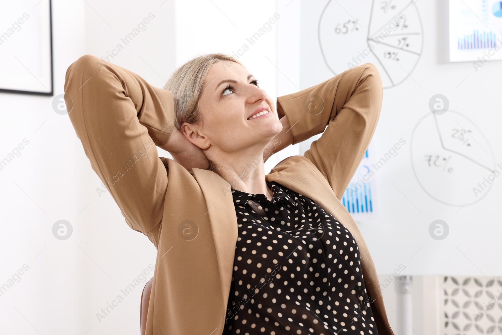 Dreams come true. Happy woman thinking about something indoors Photo of Dreams come true. Happy woman thinking about something indoors